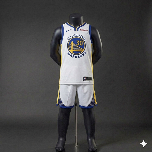 Uniforme Niño Warriors Blanco – (Calidad Triple A) 🏀⚪